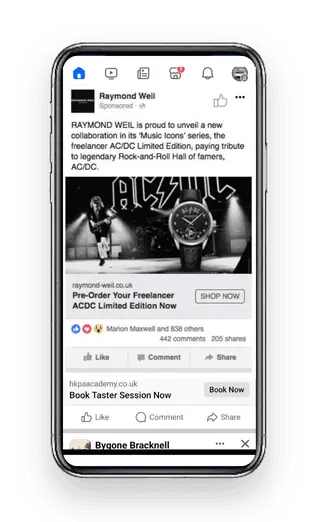 A Raymond Weil ACDC watch Facebook advert shown on a phone