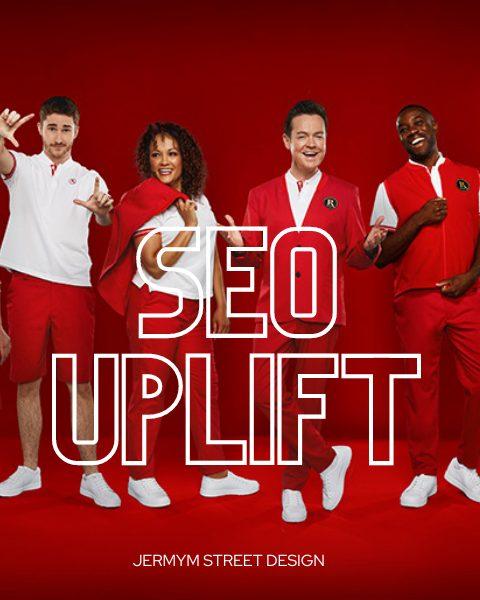 The phrase "SEO Uplift" over the top of a group of people in red outfits | SEO agency in Farnham