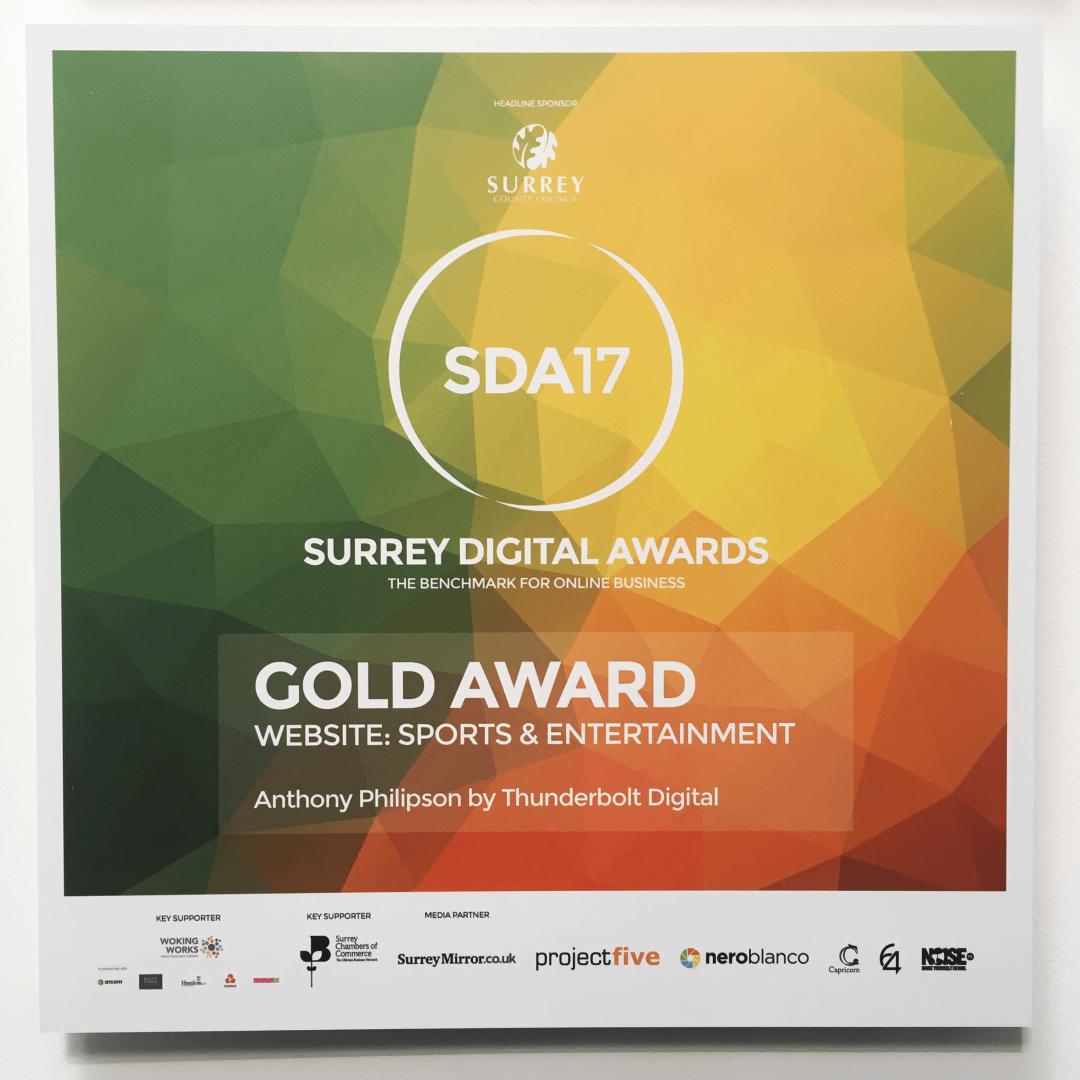 2018 Surrey Digital Awards Gold Award for Website: Sports & Entertainment - Anthony Philipson by Thunderbolt Digital