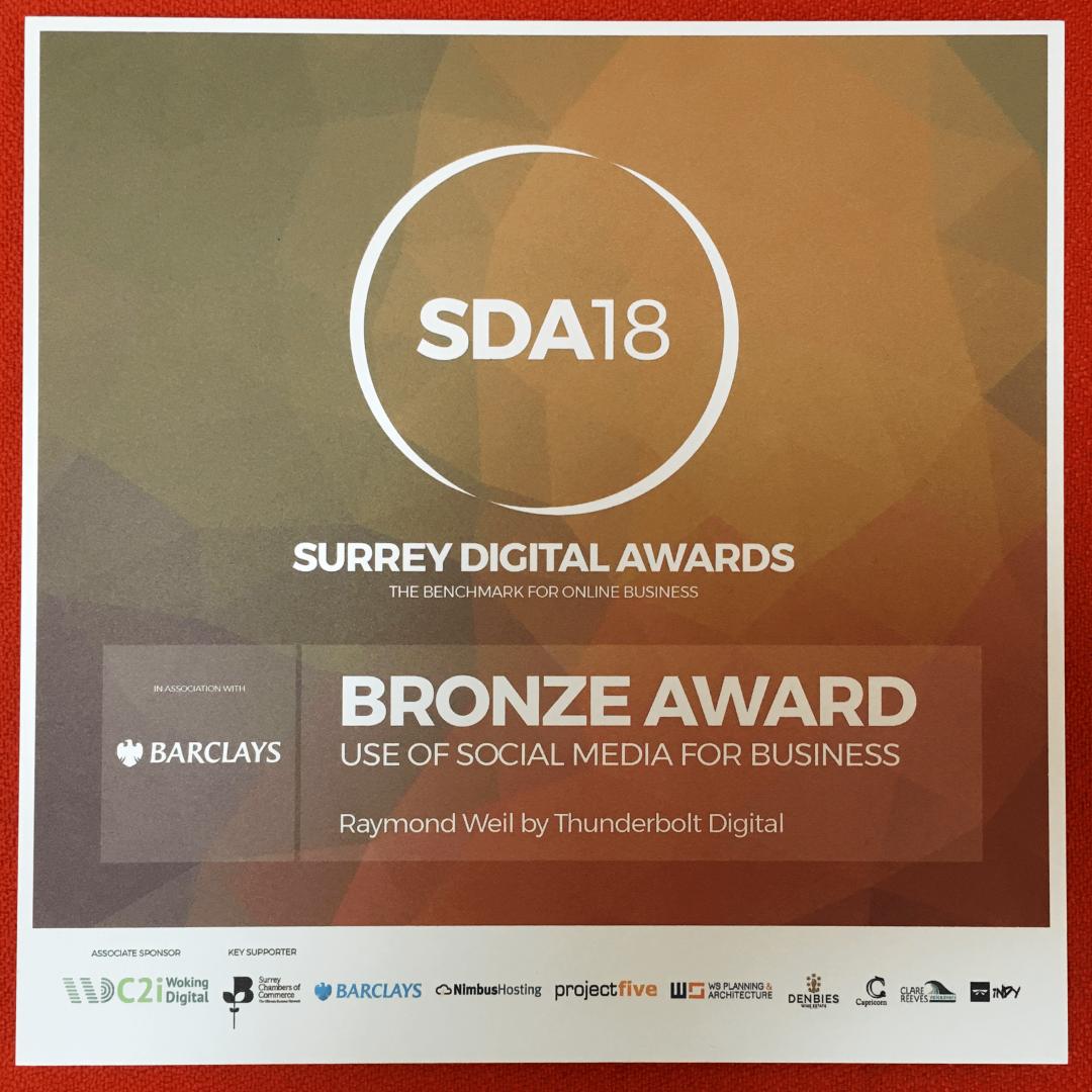 2018 Surrey Digital Awards Bronze Award for Use of Social Media for Business - Raymond Weil by Thunderbolt Digital