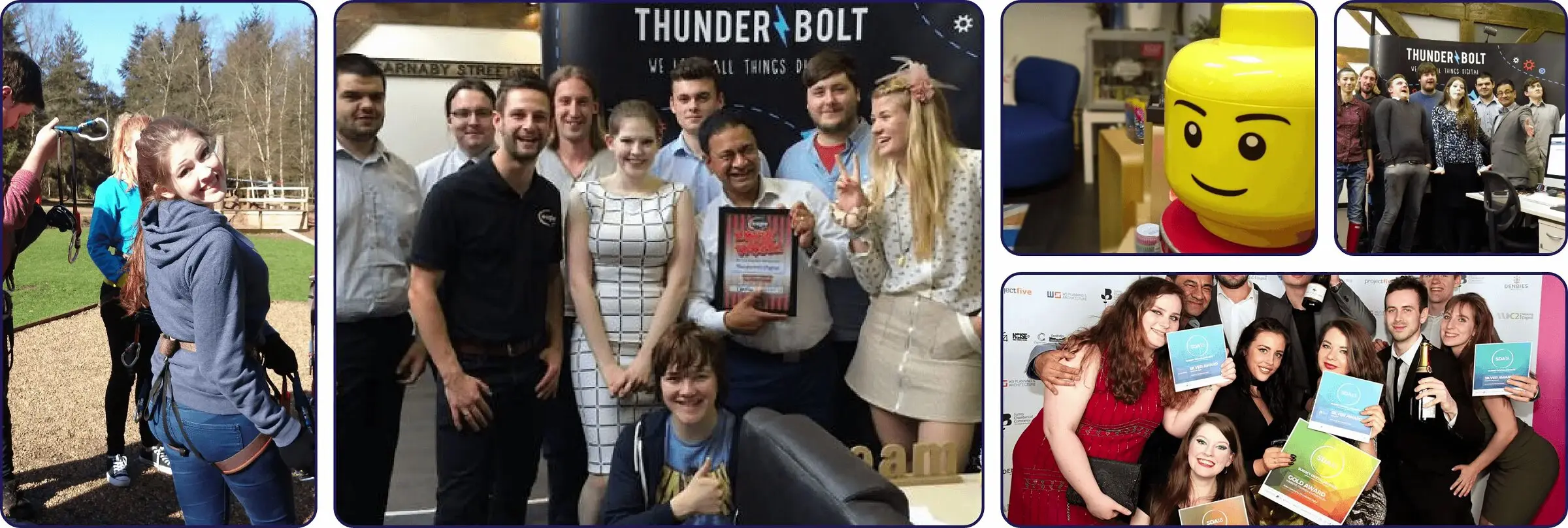 Collage of photos showing the Thunderbolt team having fun at our digital agency in Surrey
