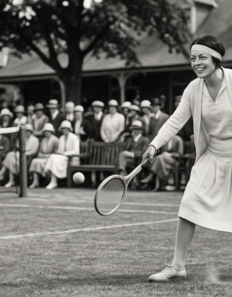 Gemini generated image of Brooke Curtis, Thunderbolt's Brand Strategist, playing old-fashioned tennis