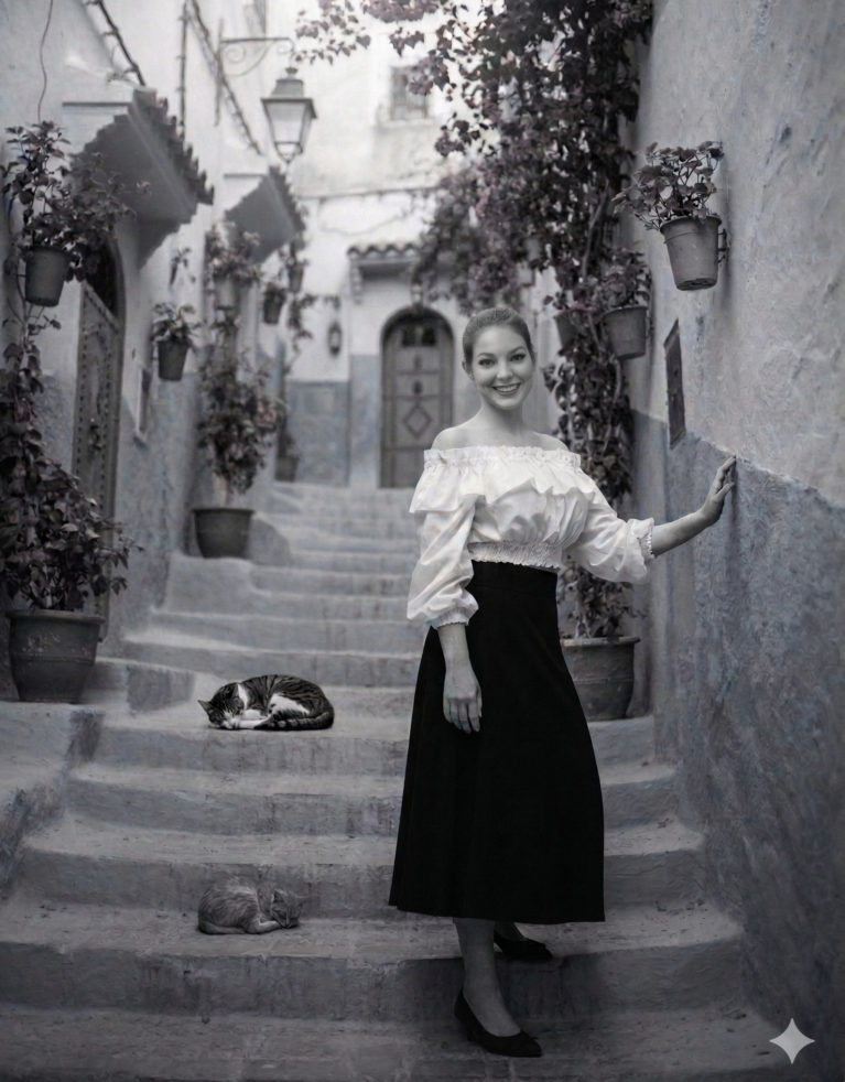 Gemini generated image of Dotty Cooper, Thunderbolt's Marketing Manager, standing on steps in a Spanish town, next to sleeping cats