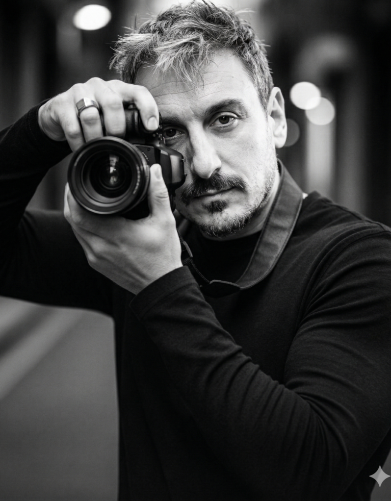 Gemini generated image of Dan Caruso, our part-time HR Manager, about to take a photo with a professional camera