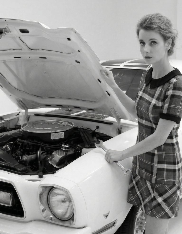 Gemini generated image of Kelly Culver, Thunderbolt's Social Media Manager, working on the engine of an old car