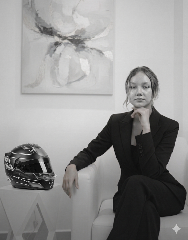 Gemini generated image of Ellie Blanchard, who handles Operations and Social Media, sitting in an office next to a motorcycle helmet