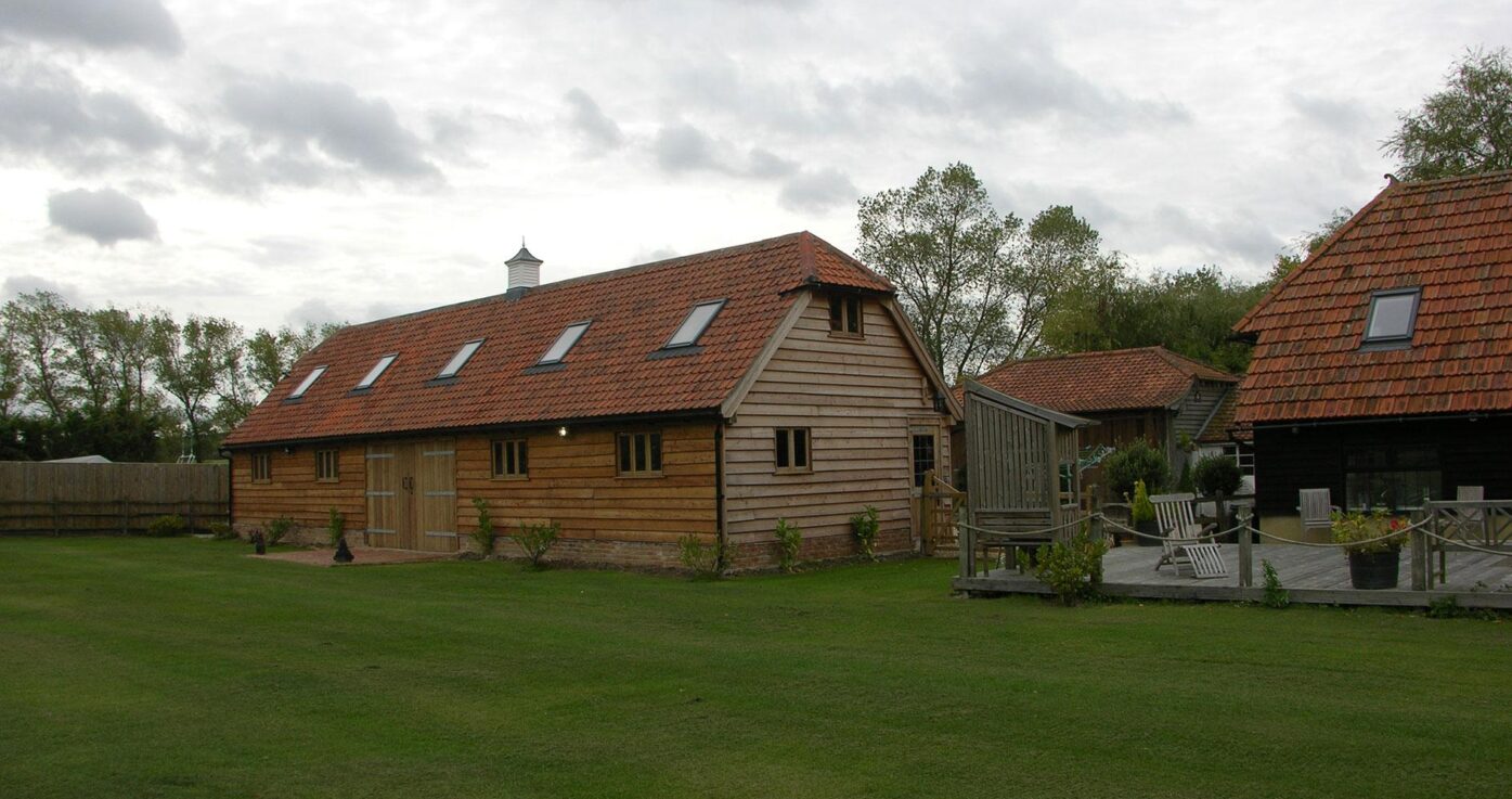 An oak-framed building built by The Brookwood Barn Co.