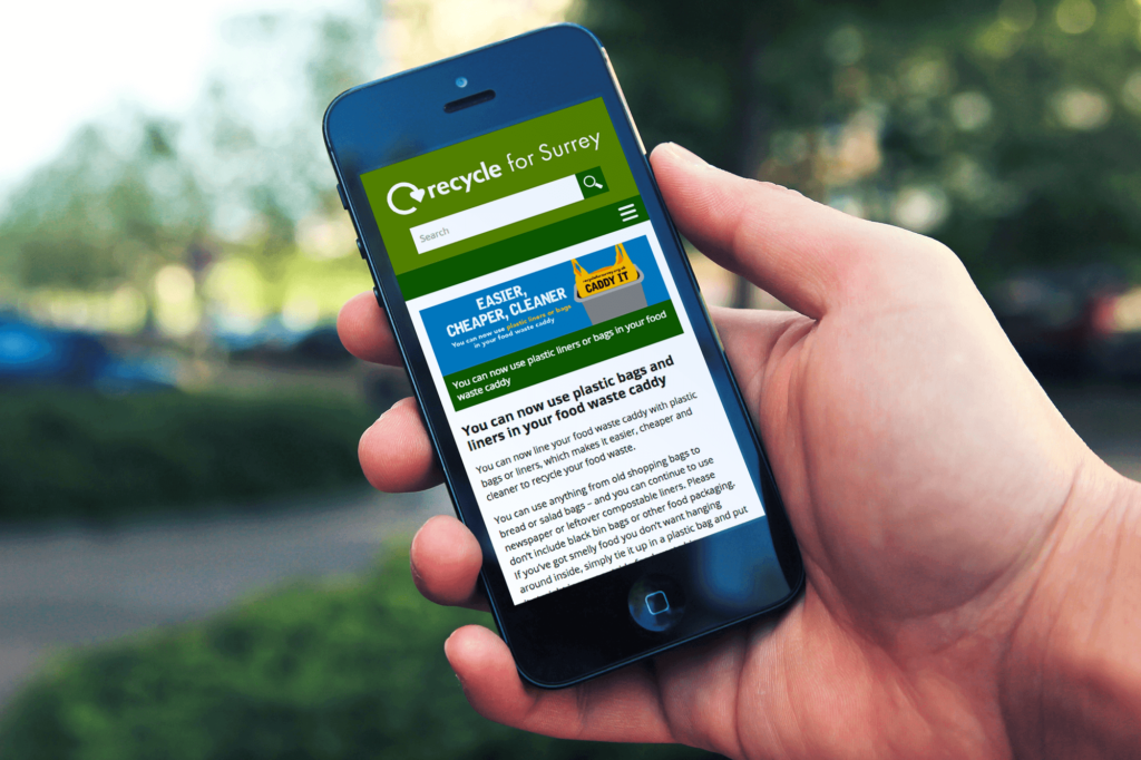 An example of our custom website development for Recycle for Surrey, displayed on a handheld smart phone