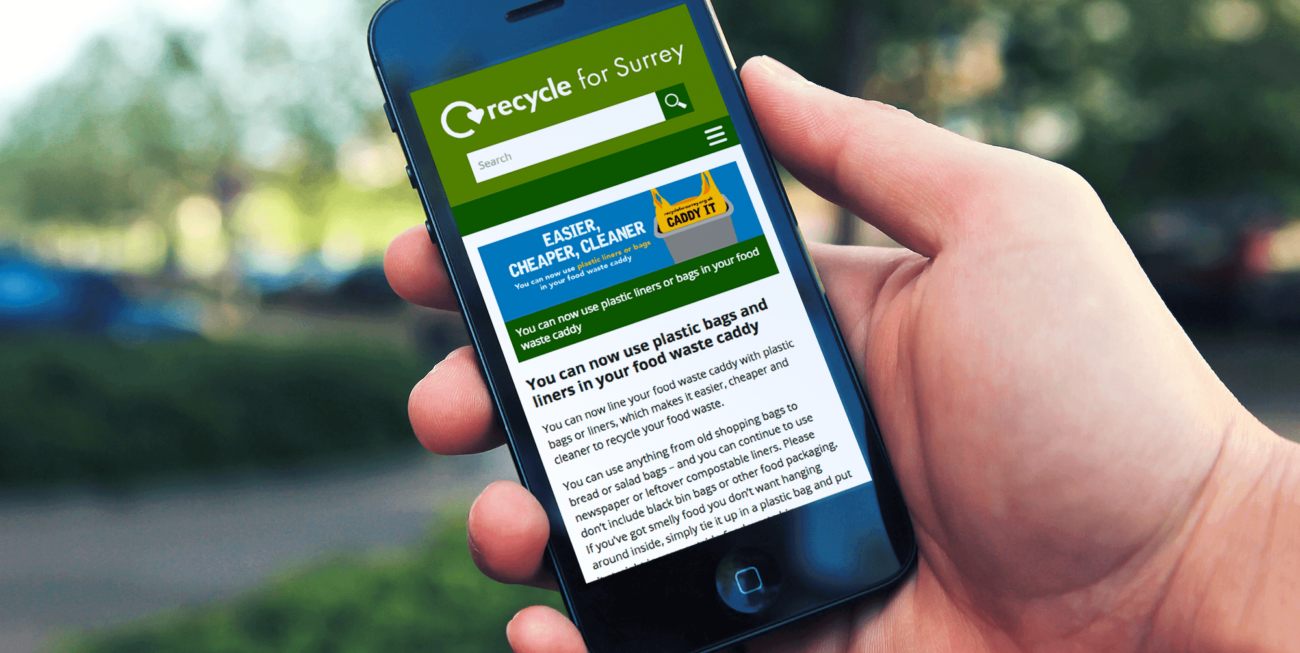 An example of our custom website development for Recycle for Surrey, displayed on a handheld smart phone