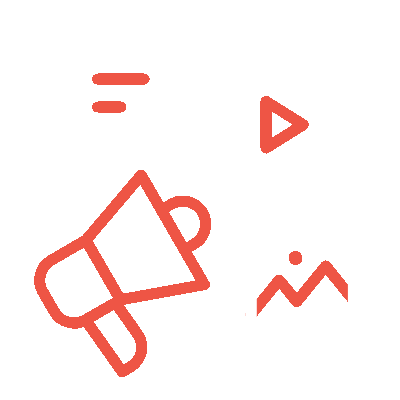 Orange bullhorn icon emitting 3 smaller white icons: a text post, video, and image. Represents social media marketing