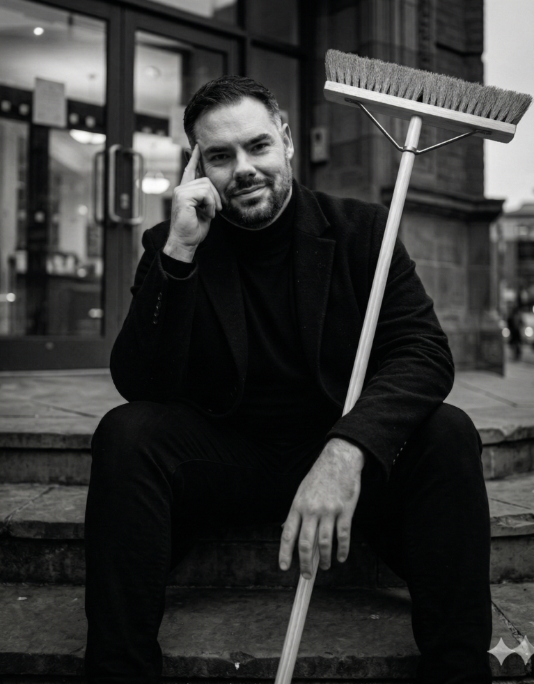 Gemini generated image of Ricci Sanchez, an Account Director at Thunderbolt, holding a broom