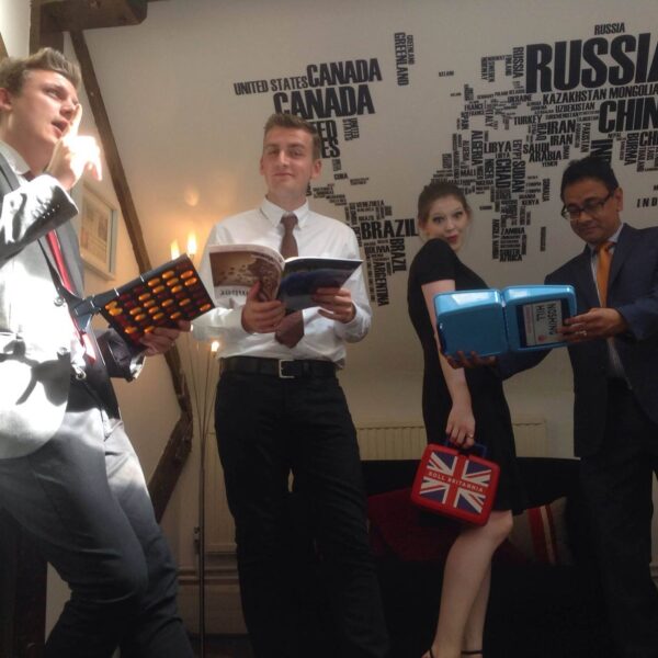 The Thunderbolt marketing team sharply dressed for meetings, posing in the office entrance