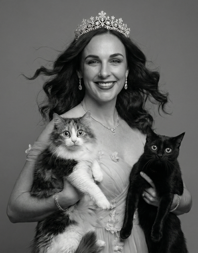 Gemini generated image of Louise, an Account Director at Thunderbolt, wearing a crown and holding 2 cats