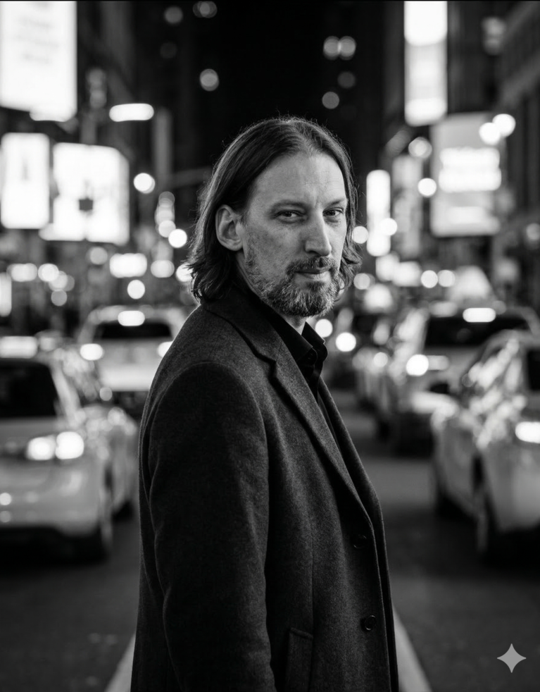 Gemini generated image of Nick Fairchild, Thunderbolt's Senior Developer, standing in the middle of a city street