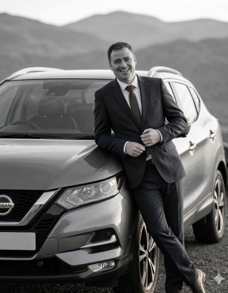 Gemini generated image of Craig Jackson, an Account Director at Thunderbolt, wearing a suit and leaning on a Nissan