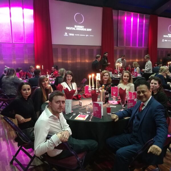 The Thunderbolt team seated around the table at the 2017 Surrey Digital Awards