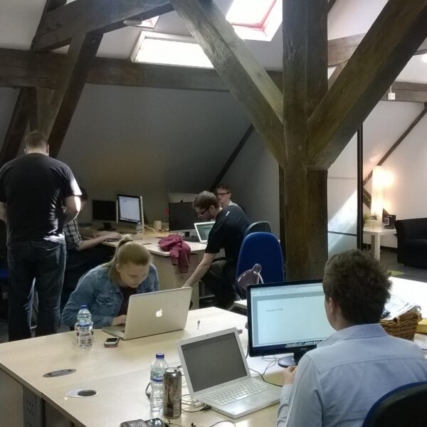 Designers, developers, and marketers hard at work in the "Barn in the Sky" office