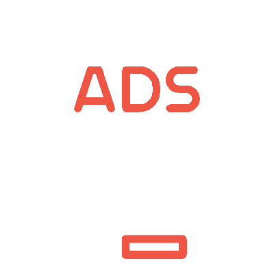 White icon of an ads button being clicked on by a hand, with orange detailing, representing PPC paid advertising