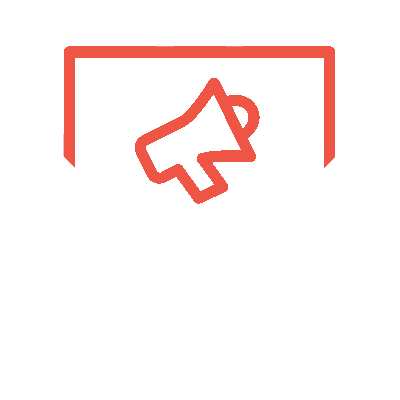Orange letter icon with a bullhorn on it coming out of an open white envelope, representing email marketing