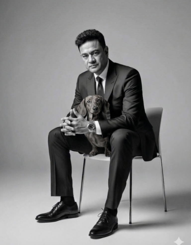 Gemini generated image of Saybhan Delilkhan, the MD and Founder of Thunderbolt Digital, with his sausage dog Frank