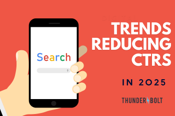 A cartoon representing evolving SERPs put together by our SEO Agency in Surrey of a hand holding a smartphone and the headline "Trends reducing CTRs in 2025"