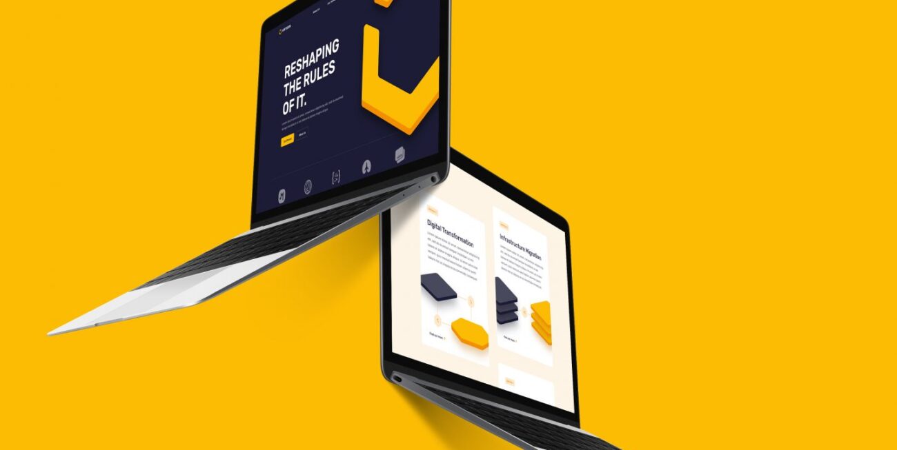 An image of two computers on a yellow background, representing web design in Surrey