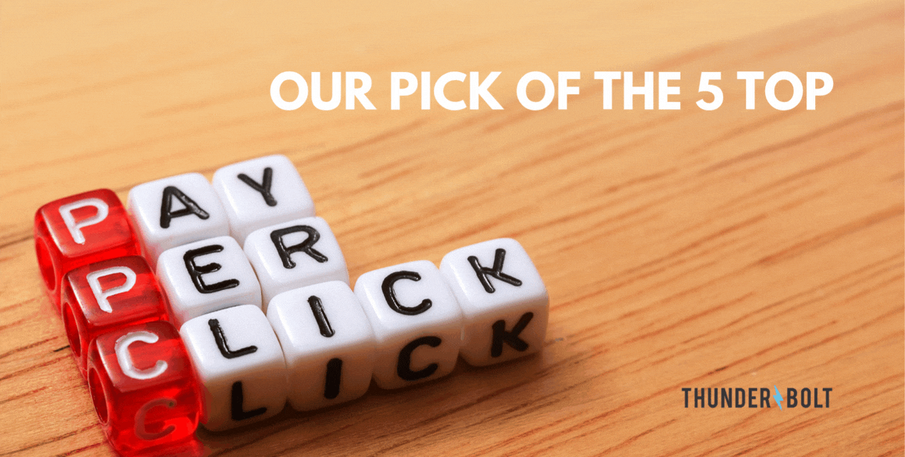 Beads spelling out "Pay Per Click" against a wooden background, with the heading "Our pick of the top 5 PPC agencies in Surrey"