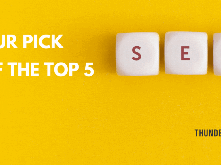 White dice that spell out SEO with the title "Our pick of the top 5 SEO agencies in Surrey"