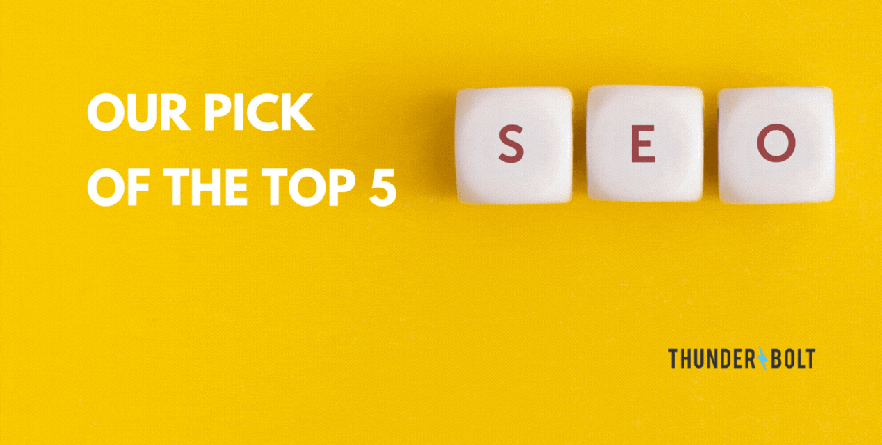 White dice that spell out SEO with the title "Our pick of the top 5 SEO agencies in Surrey"