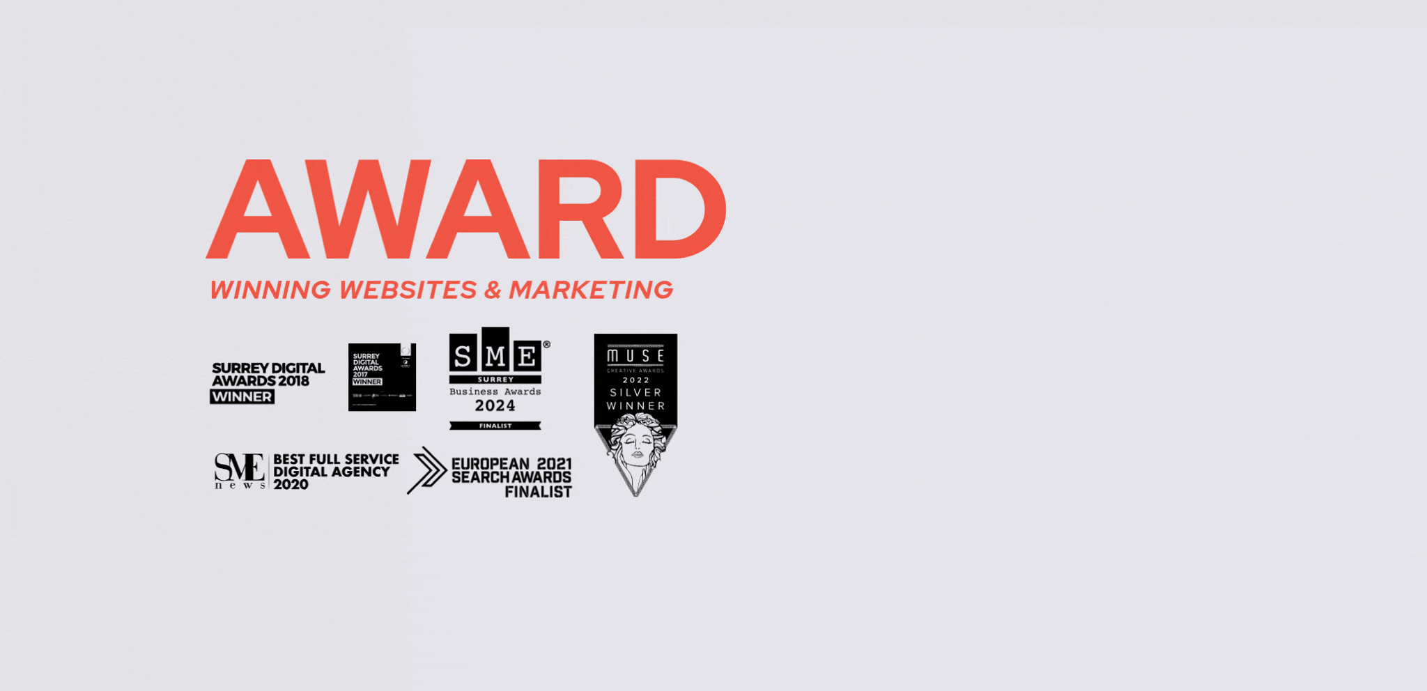 Award-winning websites banner with Anthony Philipson site displayed on a mobile and some of our awards