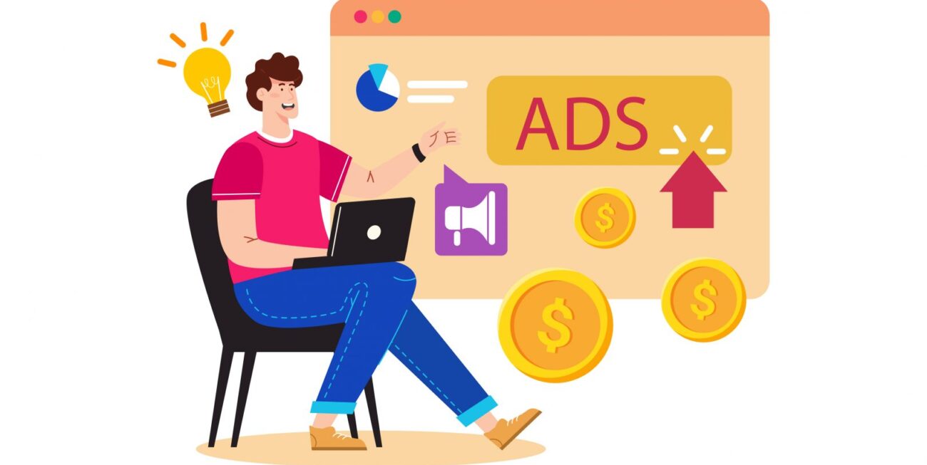 Cartoon man considering a laptop with adverts and images related to paid search in Surrey