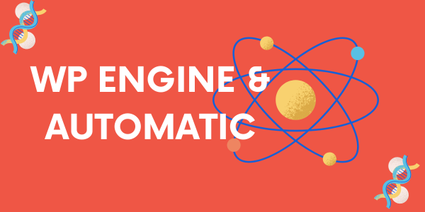 A red background with "WP Engine & Automatic" written in white text and a cartoon atom in the background | Website design Surrey