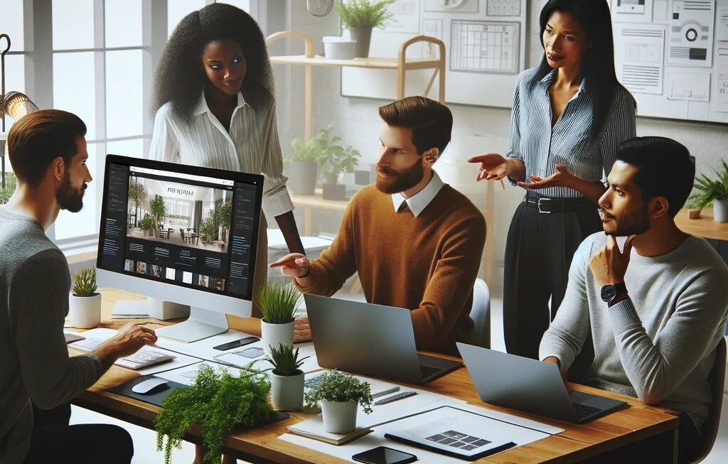 A group of web designers working on a website for a local business