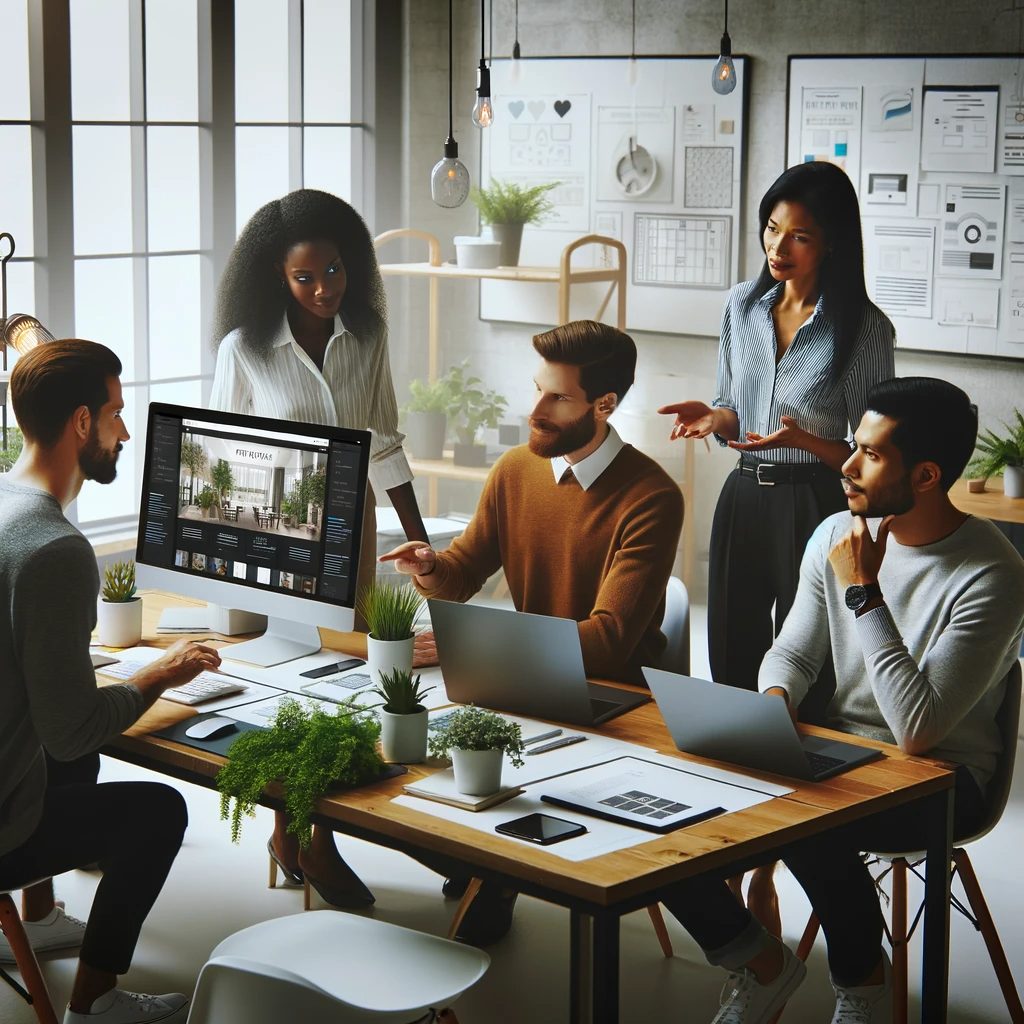 A group of web designers working on a website for a local business