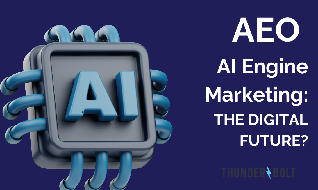 An AI icon with the title "AEO AI Engine Marketing: the Digital Future?" next to it
