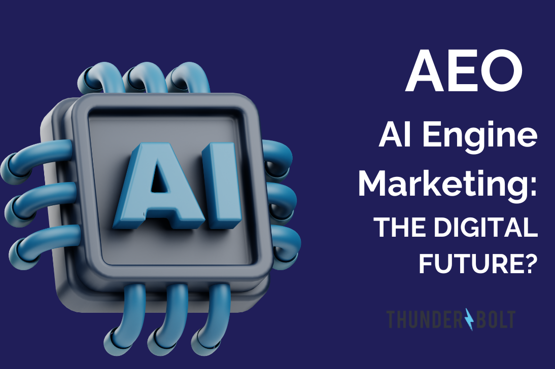 An AI icon with the title "AEO AI Engine Marketing: the Digital Future?" next to it