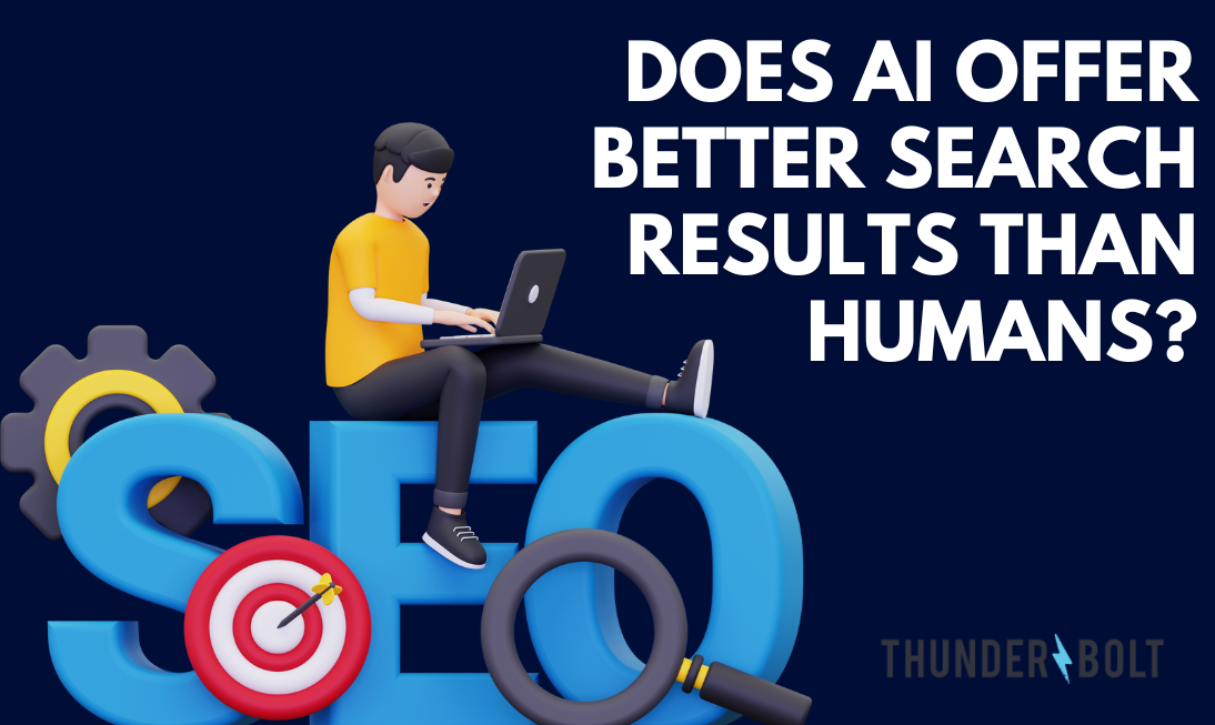 A cartoon man on a laptop sat on an SEO sign, next to a question posed by our SEO agency in Surrey: "Does Artificial Intelligence offer better search results than humans?"