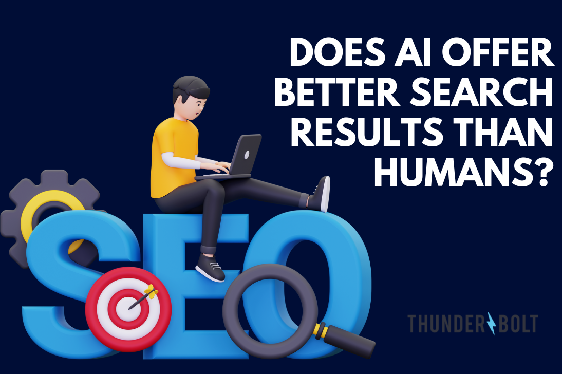 A cartoon man on a laptop sat on an SEO sign, next to a question posed by our SEO agency in Surrey: "Does Artificial Intelligence offer better search results than humans?"