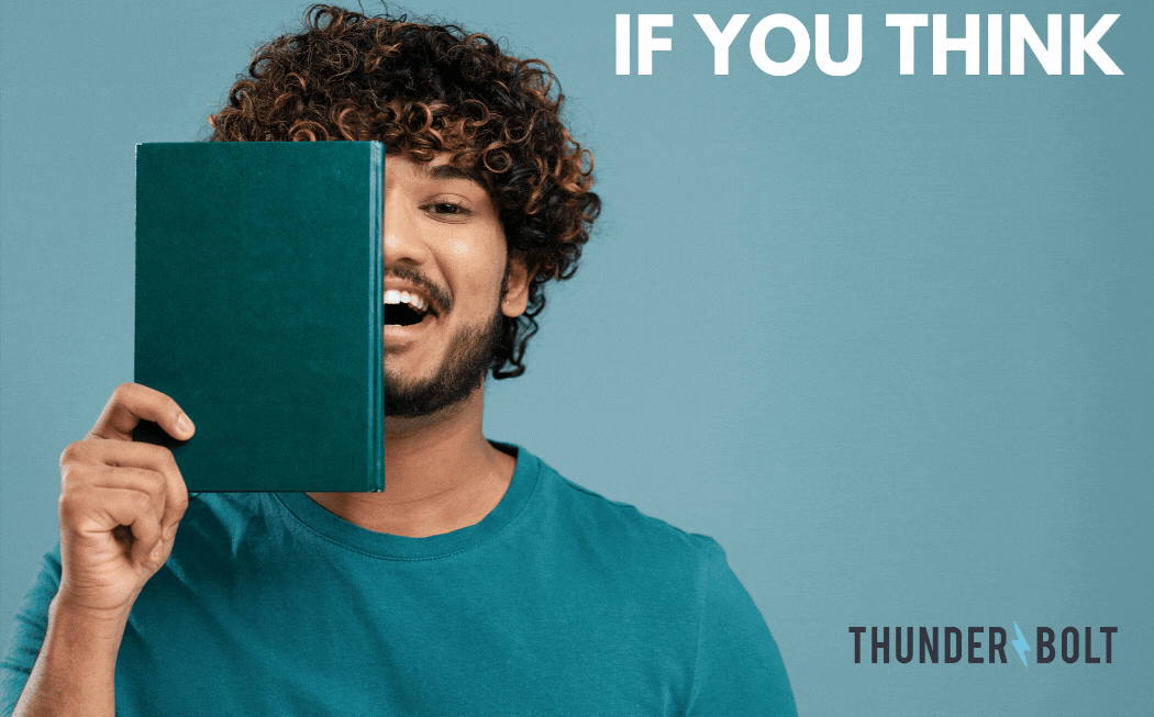 Image of a man holding a book in front of half of his face, accompanied by the title "If you think content isn't important, think again" created by Thunderbolt, one of the top marketing agencies in Surrey