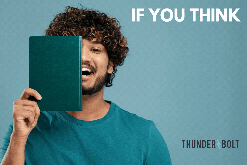 Image of a man holding a book in front of half of his face, accompanied by the title "If you think content isn't important, think again" created by Thunderbolt, one of the top marketing agencies in Surrey
