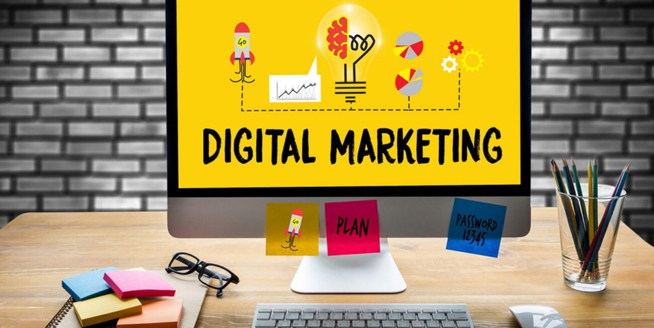 A bright yellow computer screen that says digital marketing | Digital marketing agency Surrey