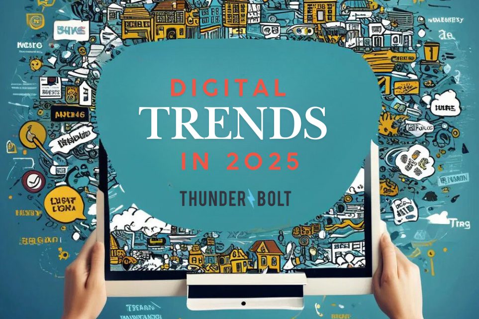 An image created by Thunderbolt, your local SEO agency in Surrey, which shows someone holding a tablet with cartoon images spilling out of it, overlaid with the title "Digital Trends in 2025".