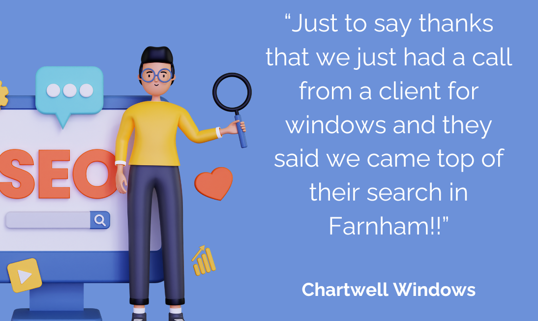 A cartoon person in front of a computer screen, along with a quote explaining how hyper-local SEO helped our client Chartwell Windows