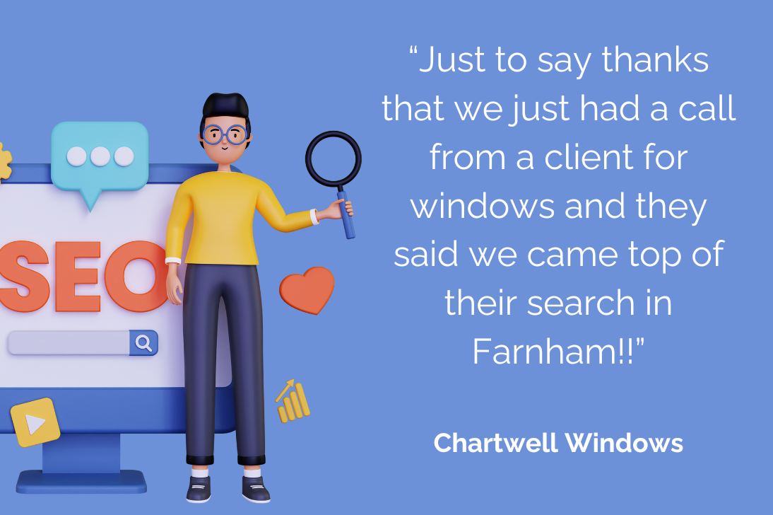 A cartoon person in front of a computer screen, along with a quote explaining how hyper-local SEO helped our client Chartwell Windows
