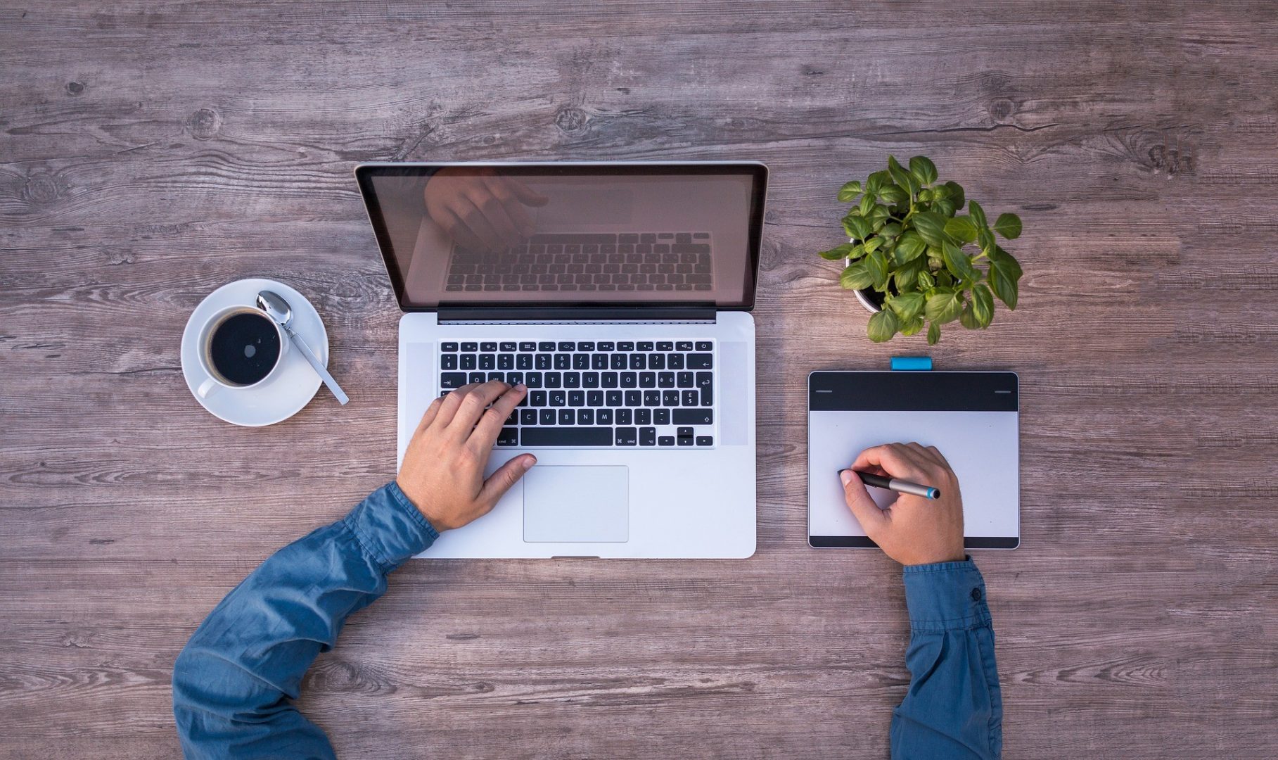 A man working on a laptop next to a cup of coffee and plant