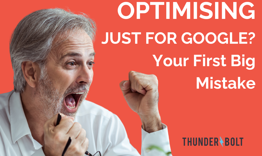 An image of a man celebrating his use of multiplatform SEO, next to the title "Optimising Just for Google? Your First Big Mistake"