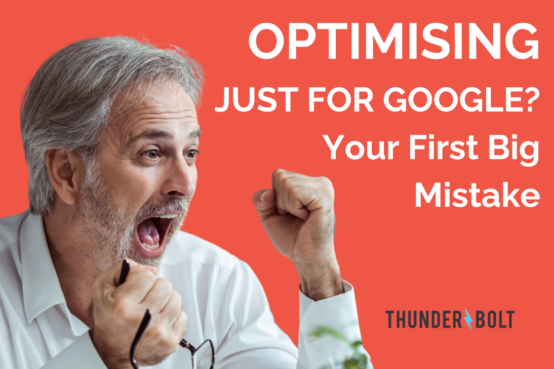 An image of a man celebrating his use of multiplatform SEO, next to the title "Optimising Just for Google? Your First Big Mistake"