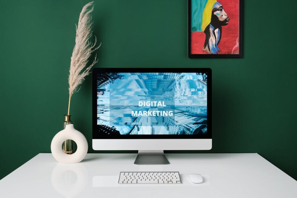 An office with a desktop computer that has "omnichannel digital marketing" on the screen