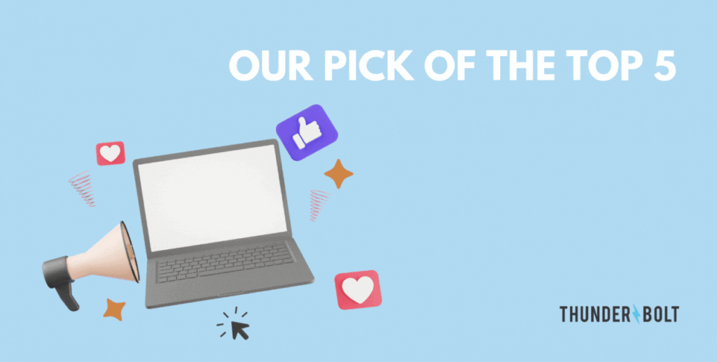 A cartoon of a laptop surrounded by social interaction icons with the heading "Our pick of the top 5 paid social agencies in Surrey"