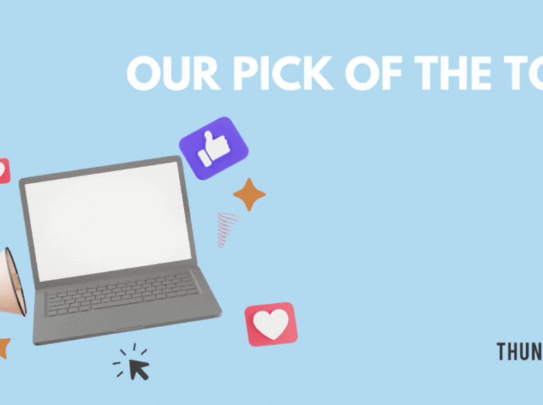 A cartoon of a laptop surrounded by social interaction icons with the heading "Our pick of the top 5 paid social agencies in Surrey"